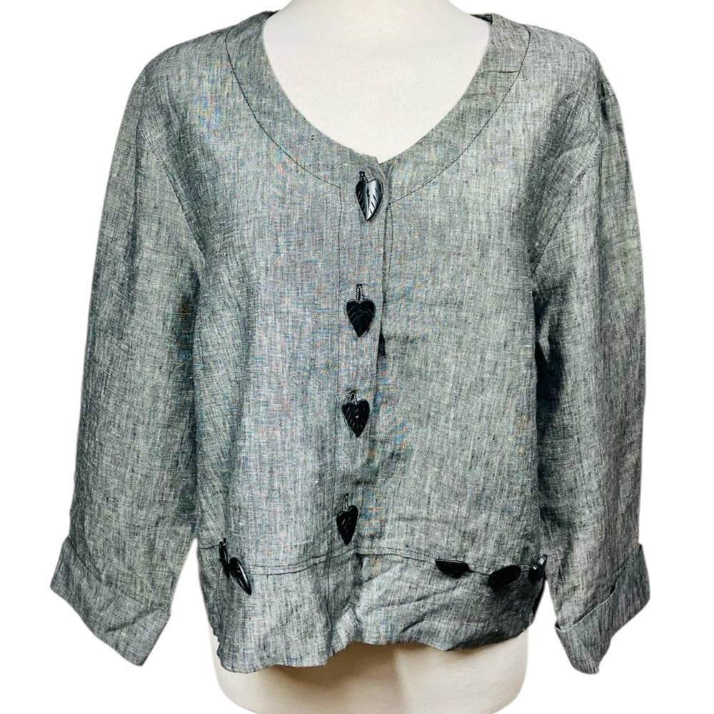 Earth Song 100% Linen Gray 3/4 Sleeve Button-Front Jacket Lagenlook Women's 14